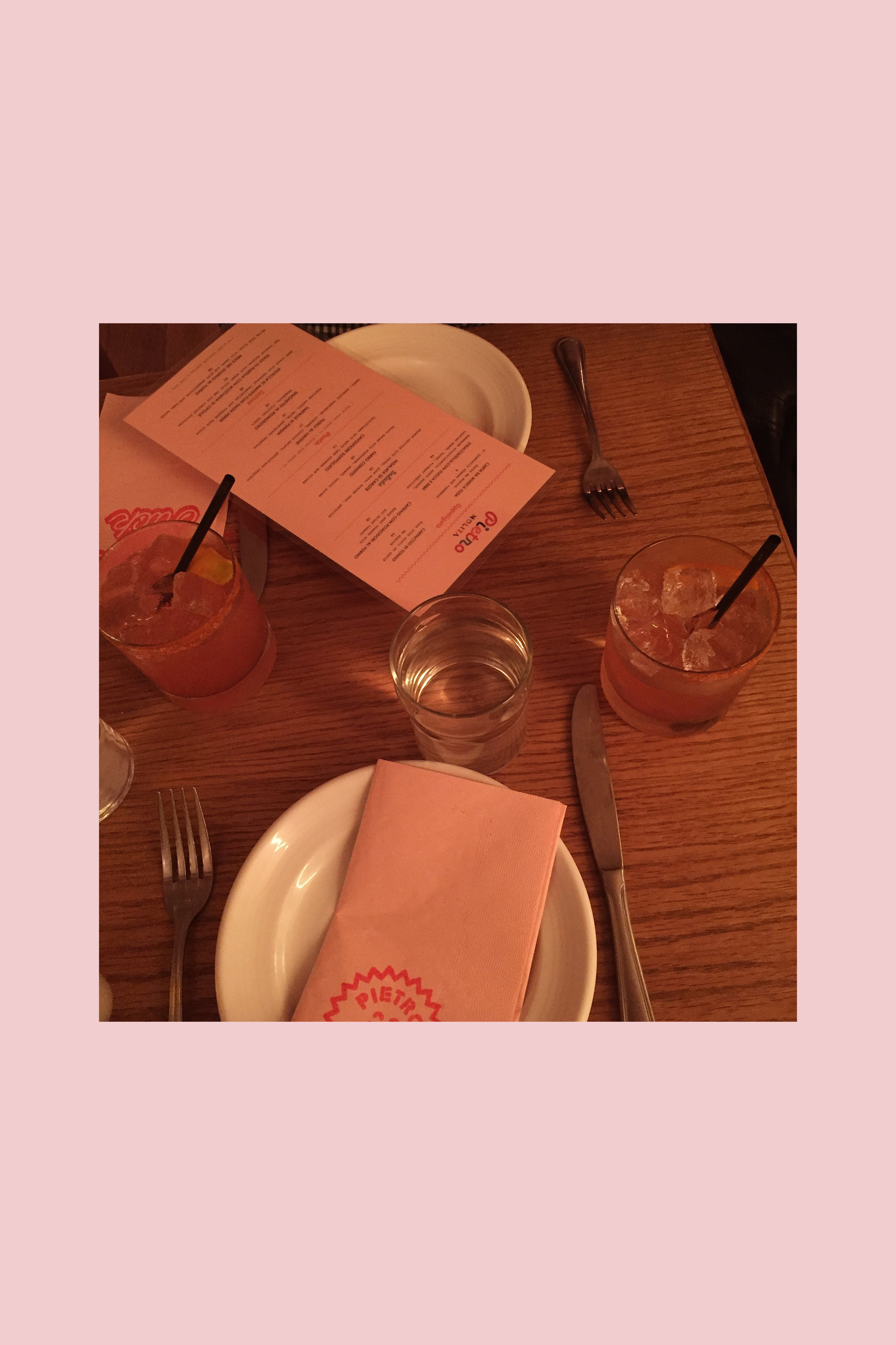 Delicious Mezcal cocktails at Pietro Nolita's all pink interior