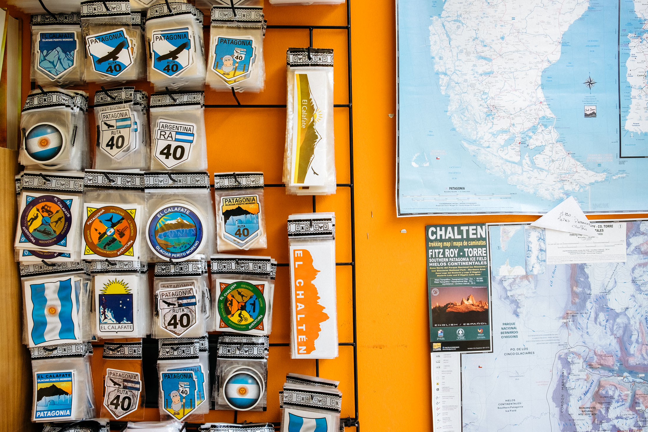 Souvenir stickers and maps in El Calafate, Argentina